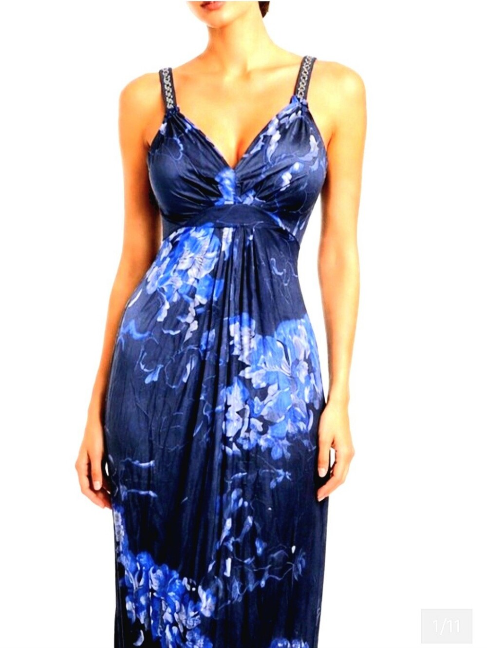 Elie Tahari Blue Floral Ruched Jersey Gown Braided Strap Maxi Dress L